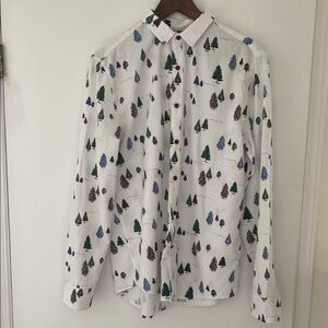 SIMONS slim fit cotton long sleeved White Tree Print Men's Shirt Size Medium.